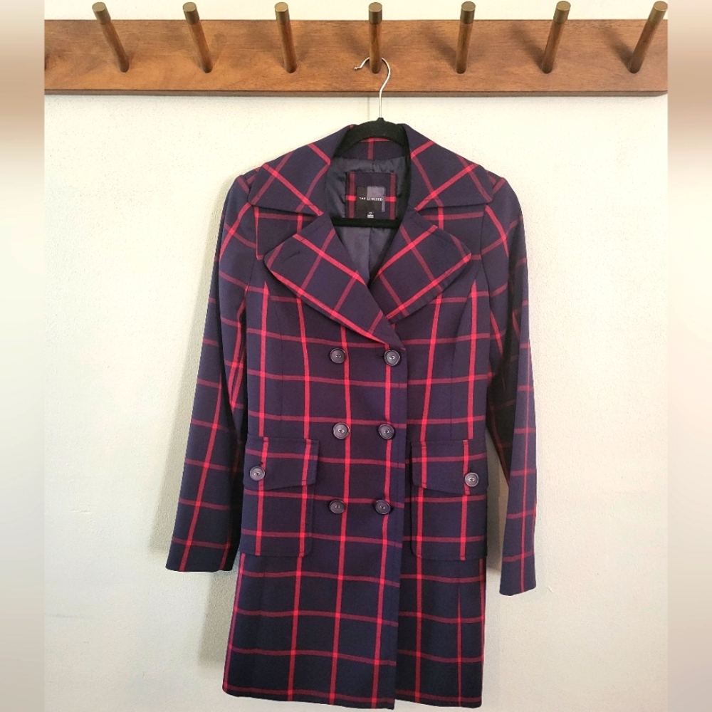 The Limited Dress Coat | Navy Blue with Red Square Pattern